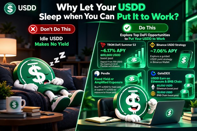 A promotional graphic for USDD cryptocurrency asking 'Why Let Your USDD Sleep when You Can Put It to Work?' and comparing idle USDD to exploring DeFi opportunities on TRON, Pendle, Binance, and GateDEX.