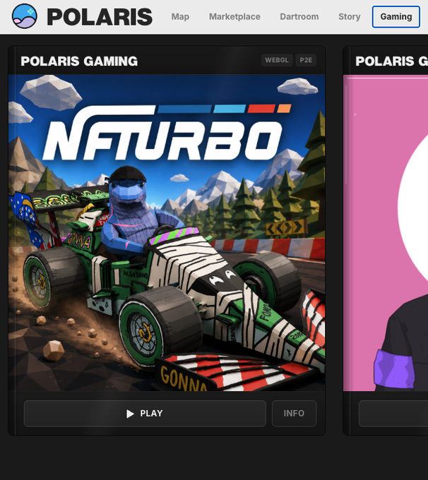 A Polaris Gaming page featuring a game called 'NFTurbo' with a PlayStation-style racing car driven by a character, set against a mountain background, with Play and Info buttons.