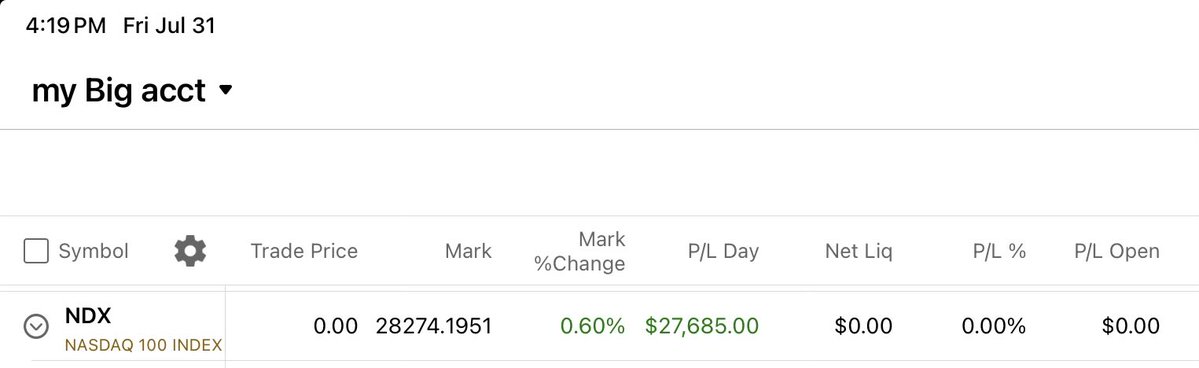 A brokerage account screenshot timestamped 4:19 PM on Friday, July 31, showing a position in NDX (NASDAQ 100 Index) with a Trade Price of 0.00, Mark of 28274.1951, a 0.60% gain, and Net Liquidity of $27,685.00. The image supports the post's brag about a small but successful position ("N-Dee-X") on the NASDAQ 100, highlighting the modest account size and a positive green day despite a "brutal" market.