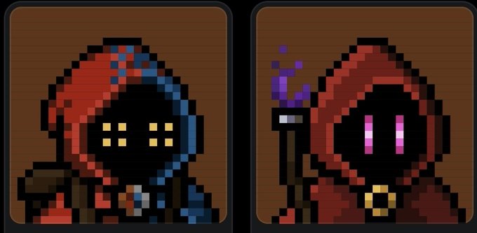 Two pixel-art hooded character portraits in a retro video game style—one a blue-cloaked figure with yellow glowing eyes, and another a red-hooded mage wielding a purple staff with magenta eyes, displayed as framed avatars. The post celebrates fan art for the "Mancers" project, praising the artist's stylized character designs.