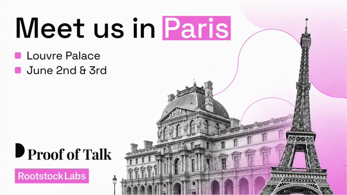 The image features a poster for an event that takes place in Paris during June 2nd and 3rd. The poster showcases the Eiffel Tower and the Louvre Palace as prominent landmarks of Paris, with the text "Meet us in Paris" written at the top. The poster also includes information about the event's focus on Bitcoin-secured finance and a link to the event page for more details.