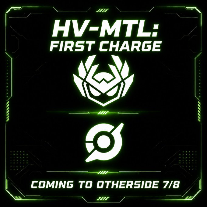 Promotional graphic with neon green tech border reading 'HV-MTL: FIRST CHARGE' featuring a stylized helmet/mask logo and an Overwatch-style emblem, with 'COMING TO OTHERSIDE 7/8' at the bottom.