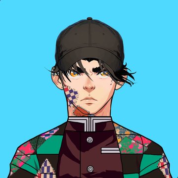 An anime-style digital illustration of a male character wearing a black cap and a colorful patterned jacket against a bright blue background.
