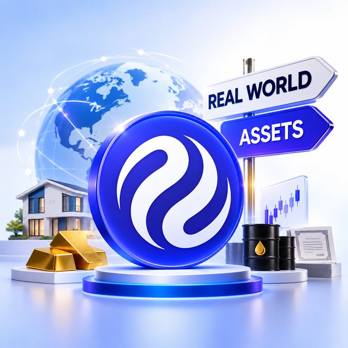 A promotional graphic features a stylized 'S' logo on a blue coin, flanked by signs reading 'Real World' and 'Assets,' alongside a globe, a house, gold bars, oil barrels, and a stock chart.
