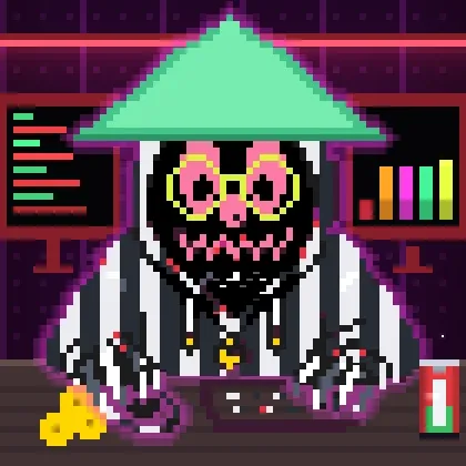 A pixel art image depicts a menacing character wearing a green conical hat, yellow glasses, and a striped suit, sitting at a desk with monitors and holding cards.