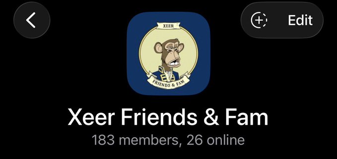 A mobile app screen displays a group called "Xeer Friends & Fam" with a logo featuring a Bored Ape-style monkey, showing "183 members, 26 online".