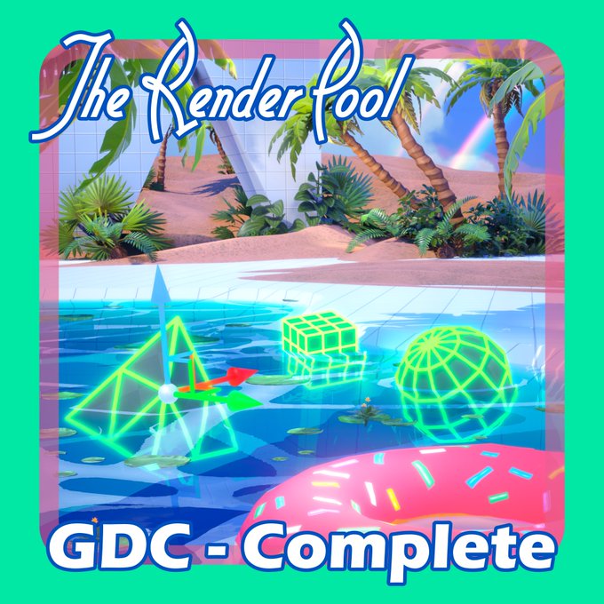 A vibrant retro-style graphic promotes "The Render Pool" Discord server with "GDC - Complete" text at the bottom, featuring neon geometric shapes (a pyramid, cube, and sphere) floating in a tropical pool surrounded by palm trees. The image visually complements the announcement of a Graduation Day event for Game Dev Camp students to receive their Completion Badges.