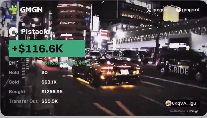 A nighttime city street scene, likely in Japan based on the signage, serves as the backdrop for a trading portfolio overlay celebrating a "+$116.6K" gain on the "$Pistacio" ticker. The portfolio details reveal a "Sold" value of "$63.1K," a "Bought" amount of "$126.95," and a "Transfer Out" of "$55.5K," visually corroborating the post's claim of successfully cashing out on the meme coin.