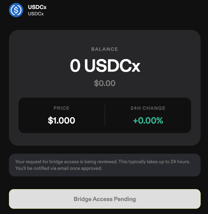Screenshot of the Canton Network wallet showing a USDCx balance of 0 tokens ($0.00) with a price of $1.000 and no 24h change, accompanied by a message stating "Your request for bridge access is being reviewed. This typically takes up to 24 hours. You'll be notified via email once approved" and a "Bridge Access Pending" button—illustrating the post's point that bridging USDC into Canton requires a permission application process with a 24-hour approval wait.