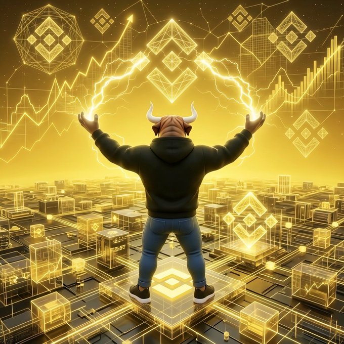 A digital illustration of a horned figure in a hoodie standing with arms raised amidst glowing golden cryptocurrency symbols and charts against a futuristic cityscape.
