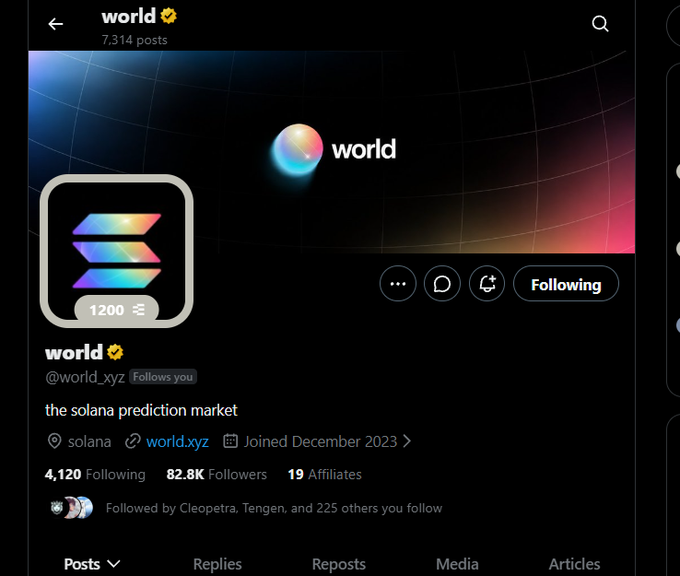 A screenshot of an X (formerly Twitter) profile for 'world' (@world_xyz), described as 'the solana prediction market' with 82.8K Followers.