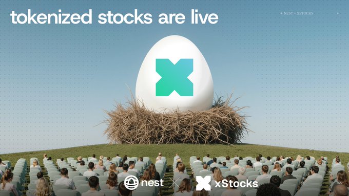 A promotional graphic reading "tokenized stocks are live" features a large white egg with the xStocks teal logo hatching from a nest, as an audience watches in theater seating below, with logos for "nest" and "xStocks" displayed at the bottom—visually representing the launch of tokenized stock LPs (NVDAx, MUx, SKHYx, SPYx, QQQx) on nest via the xStocks integration.