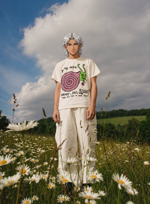 An anime-style character with silver hair stands in a field of daisies wearing a cream t-shirt with a snail graphic and the text 'READY, SET, SLOW!'