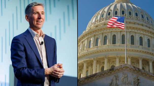 A split image shows Matt Hougan, identified by the post as Bitwise's CIO, speaking at what appears to be a conference, alongside a shot of the U.S. Capitol dome flying an American flag—visually reinforcing the post's message about Congressional and SEC regulatory progress on crypto policy.
