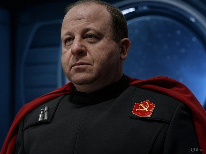 A portrait of a man in a dark uniform with a red cape, featuring a red patch with a hammer and sickle emblem, with a 'Grok' watermark in the corner.