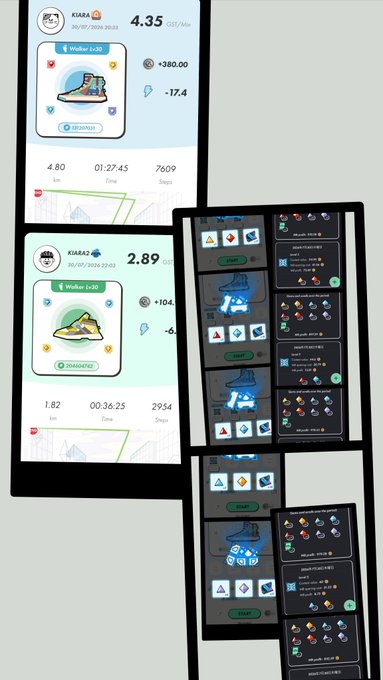 A collection of mobile app screenshots showing workout tracking results for users "KIARA" and "KIARA2," featuring Walker (x20) shoes with statistics like distance, time, and steps, alongside inventory screens showing shoe icons.