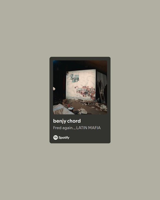 A Spotify music card displayed on a light green background, showing the song 'benjy chord' by 'Fred again.., LATIN MAFIA' with album artwork depicting an abandoned room with debris.