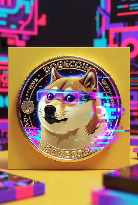 The image features a yellow coin with a cartoon dog wearing glasses, giving it a playful and whimsical appearance. The coin has the text "I Dogecoin" written on it, indicating that it is related to the cryptocurrency Dogecoin. The background of the image consists of neon lights in various colors, creating an energetic and vibrant atmosphere.