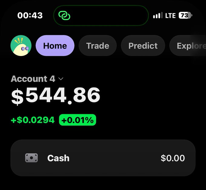 A mobile screenshot of a brokerage app showing "Account 4" with a balance of $544.86 (up +$0.0294 / +0.01%), with all funds held as Cash ($0.00 in investments), illustrating the poster's progress toward reaching four figures ("4 figs").