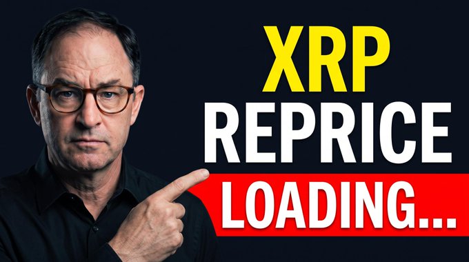 A middle-aged man with glasses points toward bold yellow, white, and red text reading "XRP REPRICE LOADING..." against a black background, visually emphasizing the thumbnail's teaser about an upcoming XRP price repricing discussed in the linked YouTube video.