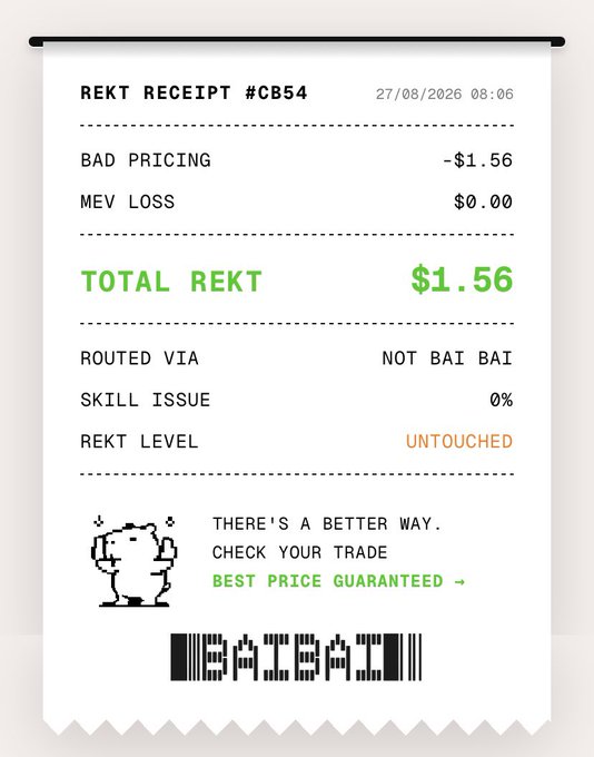 A stylized digital receipt labeled "REKT RECEIPT #CB54" dated 27/08/2026 showing a "TOTAL REKT" of $1.56, with humorous crypto-trading terms like "BAD PRICING" and "SKILL ISSUE."