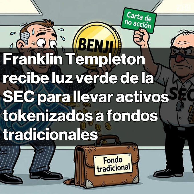 Spanish-language cartoon about Franklin Templeton receiving SEC approval (green card 'Carta de no acción') to bring tokenized assets to traditional funds, featuring Benji token.