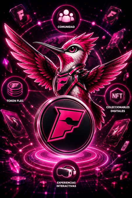 A pink and black digital marketing graphic featuring a hummingbird with the letter 'F' logo, surrounded by icons labeled 'COMUNIDAD', 'TOKEN FLEC', 'NFT COLECCIONABLES DIGITALES', and 'EXPERIENCIAS INTERACTIVAS'.