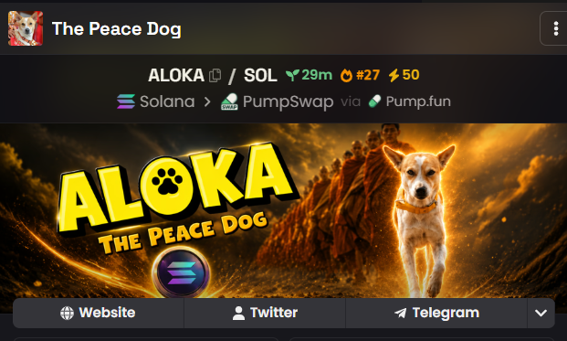 A screenshot of a cryptocurrency tracking page for a token called 'ALOKA / SOL' on PumpSwap via Pump.fun, branded as 'ALOKA THE PEACE DOG' with a prominent picture of a dog.