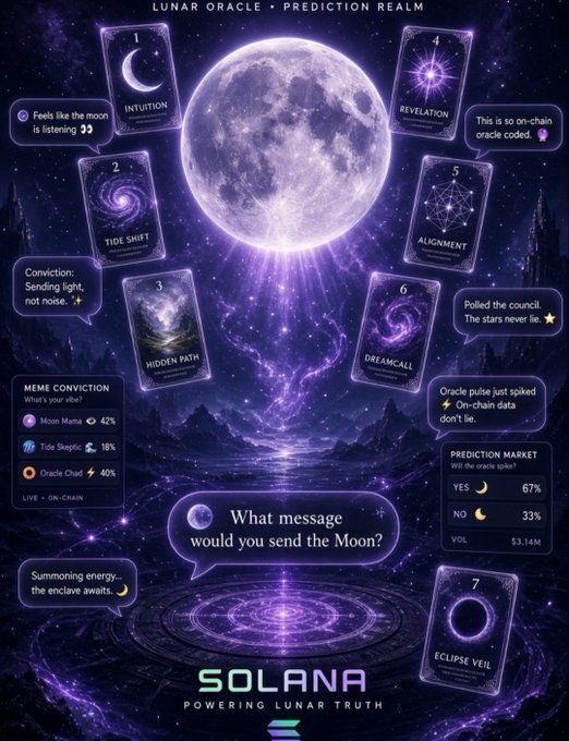 A mystical promotional graphic for "Lunar Oracle · Prediction Realm" featuring a glowing moon above a sacred ritual circle, surrounded by seven numbered oracle cards (Intuition, Tide Shift, Hidden Path, Revelation, Alignment, Dreamcall, Eclipse Veil) with phrases like "Moon Mama 42%" and "Oracle Chief 40%" displayed on meme conviction leaderboards and prediction markets tied to "Solana." The cosmic aesthetic directly visualizes the post's message about Moonclave's oracle-based card journey, suggesting users collect symbolic cards while tracking conviction percentages in a Solana-powered prediction ecosystem before the beta launch.