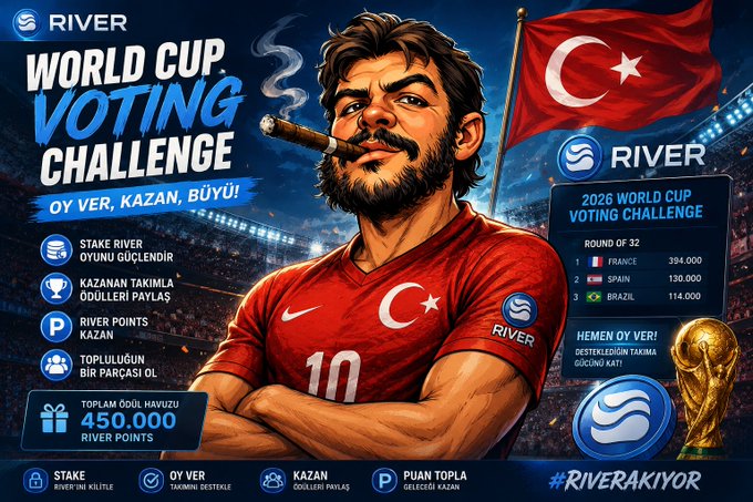 The image features a poster for the River World Cup voting challenge, with a cartoon depiction of a man wearing a red shirt and holding a cigar. The poster includes text about the event and a link to the River4Fun website. The caption reads "River is no longer just a DeFi or stablecoin project—it'S evolving into an". This suggests that the poster is promoting the River World Cup voting challenge, which has grown beyond expectations in terms of popularity and engagement.