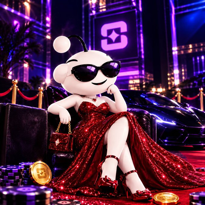 A stylized 3D rendering of a cute white mascot character wearing sunglasses and a sparkling red sequined gown, posed with a luxury sports car, casino chips, and coins in a neon-lit setting.