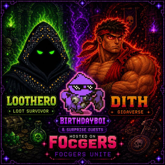 A vibrant retro game-style promotional poster featuring 'LOOTHERO' (a hooded figure with green eyes) and 'DITH' (a muscular fighter), promoting 'BIRTHDAYBOI & SURPRISE GUESTS' hosted on 'FOGGERS UNITE'.