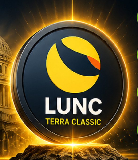 A promotional graphic for LUNC (Terra Classic) cryptocurrency featuring its logo on a circular badge with golden rays and a Roman-style building in the background.