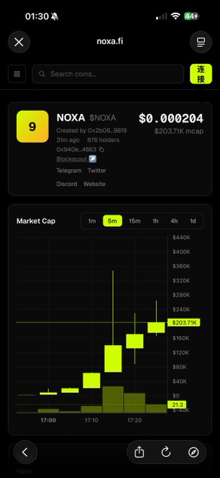 The image shows a chart from noxa.fi displaying the NOXA token with a price of $0.000204, a market cap of $203.71K, and 876 holders, with a 5-minute candlestick chart showing significant price volatility on the Binance Smart Chain. The post references buying some NOXA as a "lottery ticket" and provides the contract address 0x940e5fbcaa64cf6a76c9f5ccb726aaa67e7b4663, which matches the token displayed in the image, suggesting the poster is sharing their speculative purchase of this newly launched token.