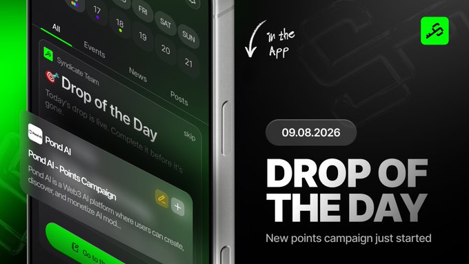 A promotional banner for a 'Drop of the Day' on 09.08.2026 featuring Pond AI - a Web3 platform for creating, discovering, and monetizing AI mods.