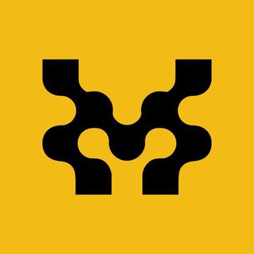 A logo featuring a symmetrical black abstract design with curved, interconnected shapes on a bright yellow background.