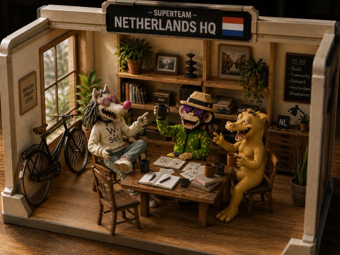 A diorama-style scene titled "SUPERTEAM NETHERLANDS HQ" featuring three clay-like characters (including a dog figure) playing cards around a table, with a Dutch flag and "TO DO" list visible on the walls.