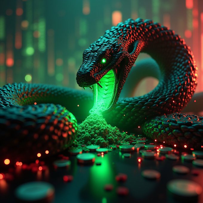 The image features a large green snake with glowing eyes and an open mouth, coiled around a stack of coins or bills, creating an interesting interaction between the natural and the man-made world. The snake's presence highlights the contrast between the organic and inorganic elements within the scene. As for the post itself, it appears to be sponsored by a company named 'ETH'. The text accompanying the image reads "kẻ săn mồi đã trò thành con mồi bot sandwich lớn nhất trên $7.5 triệu Dương, mình tóng cây bi já tríng bých phúc", which translates to "The snake is coiled around the coins." The image and the accompanying text focus on the intriguing interaction between the natural and man-made worlds.