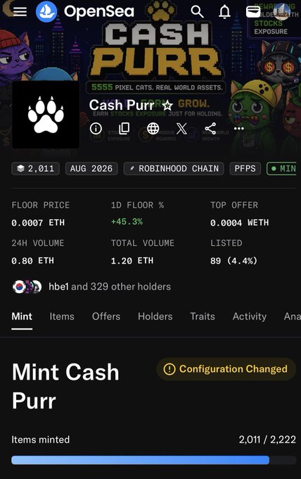 The image shows the OpenSea NFT collection page for "Cash Purr" featuring 2,011 minted items out of 2,222, with a floor price of 0.0007 ETH, a top offer of 0.0004 WETH, and 329 other holders on the Robinhood Chain. The "Last call to mint" caption highlights the nearly sold-out mint status (211 items remaining), serving as a final call to action for potential buyers.