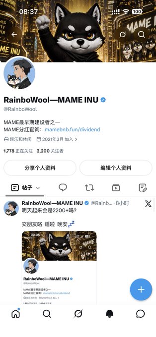 A Twitter profile page for 'RainboWool—MAME INU' (@RainboWool), a verified Chinese account about cryptocurrency, showing a cartoon Shiba Inu dog avatar.