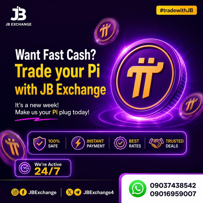 A promotional graphic for "JB EXCHANGE" advertising "Want Fast Cash? Trade your Pi" featuring Pi cryptocurrency logos, claims of 100% safe, instant payment, best rates, trusted deals, and 24/7 service with WhatsApp contact numbers 09037438542 and 09016959007.
