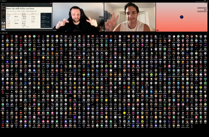 A video call screenshot featuring two men in the top panels above a massive grid of hundreds of user avatars.