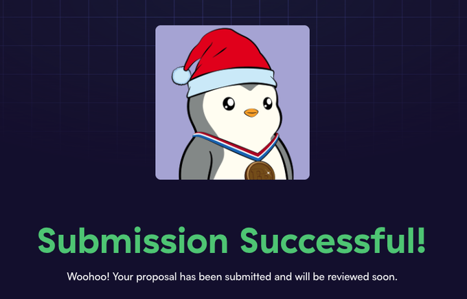A 'Submission Successful!' confirmation screen featuring a cute cartoon penguin wearing a red Santa hat with a bronze medal, stating 'Woohoo! Your proposal has been submitted and will be reviewed soon.'