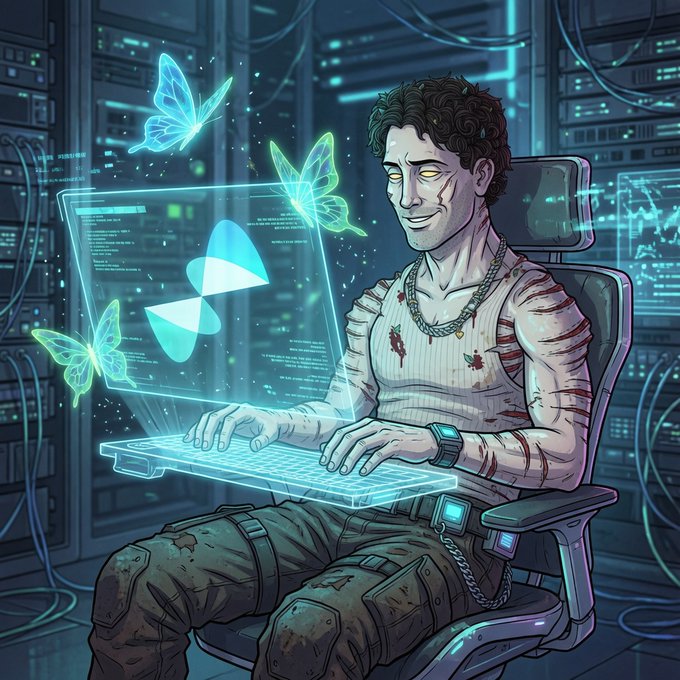 A digital illustration of a bloodied, scarred man sitting at a holographic computer terminal with glowing butterflies floating around him.