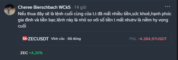 A Facebook post from 'Cheree Bierschbach WCKs' 14 hours ago in Vietnamese describes a final losing trade that cost money, health, family happiness, and hope, showing a ZECUSDT (ZEC) perpetual contract closing at a loss of -4,284.97 USDT despite ZEC being up +4.20%.