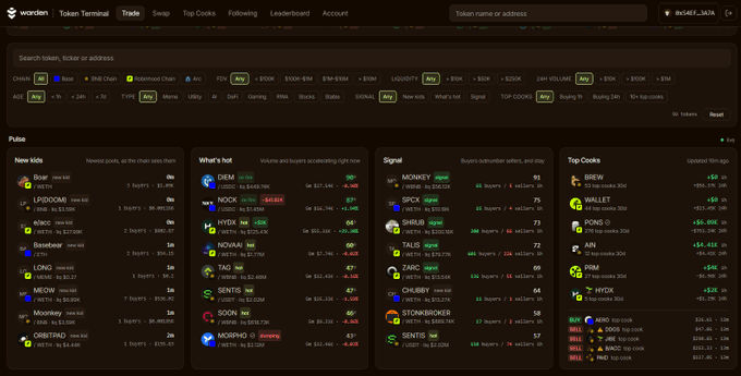 A dark-themed cryptocurrency trading interface on Worden showing new kids, what's hot, signal, and top cooks sections with various token names like DEM, NOCK, and HYDX.