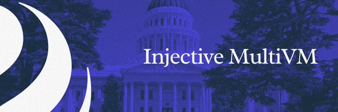 The image displays the text "Injective MultiVM" against a blue-tinted backdrop of the U.S. Capitol building, symbolizing governance and infrastructure. The design visually ties Injective's MultiVM concept to themes of stability and institutional strength, complementing the post's message about running Solidity and Rust code concurrently on a unified network.