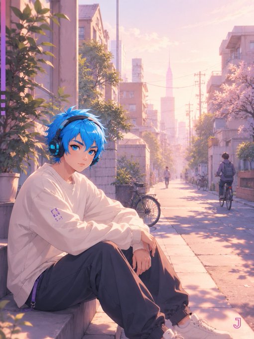 An anime-style illustration of a blue-haired character wearing headphones sits against an urban street backdrop with cherry blossoms and skyscrapers, complemented by the relaxed "Good morning frens, TGIF" caption to set a chill weekend morning mood. A small "J" watermark appears in the lower right corner.