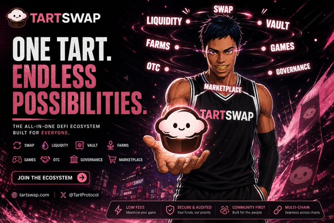 Promotional graphic for 'TARTSWAP' DeFi ecosystem with tagline 'ONE TART. ENDLESS POSSIBILITIES.' featuring an anime-style character holding a tart, surrounded by service labels like SWAP, LIQUIDITY, FARMS, OTC, VAULT, GAMES, GOVERNANCE, and MARKETPLACE.