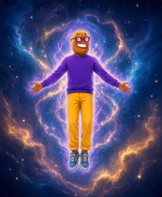 A cartoon-style digital illustration of a man with spiky blonde hair, sunglasses, a purple sweatshirt, and yellow pants floating against a vibrant cosmic nebula background.